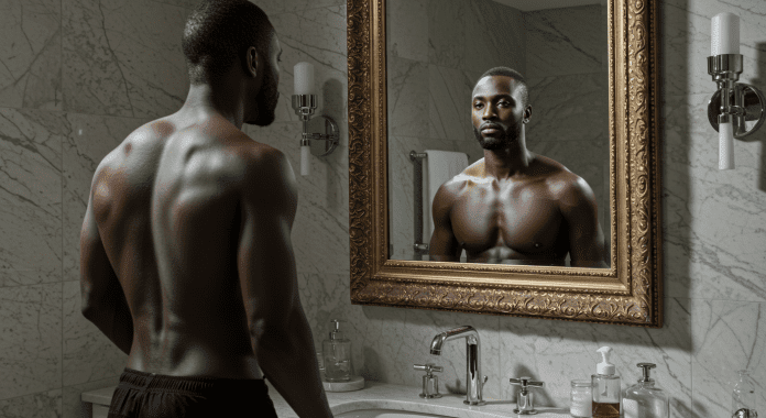 An African man standing confidently in front of a mirror, shirtless, looking at his reflection with determination — symbolizing his complete transformation into a confident, powerful, and desirable man.