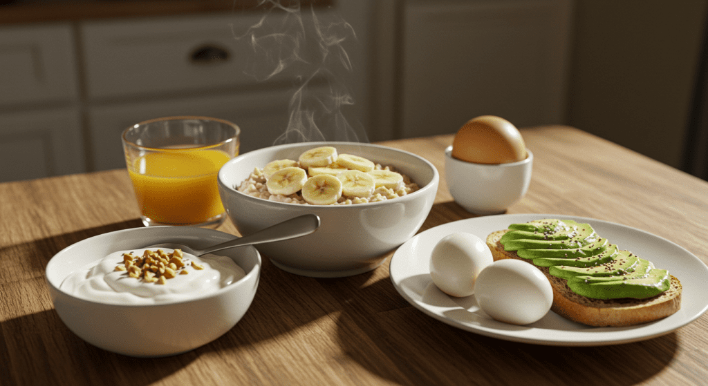Top breakfast foods for boosting sex drive, including oatmeal with bananas, Greek yogurt with nuts, avocado toast, and boiled eggs arranged on a wooden kitchen table
