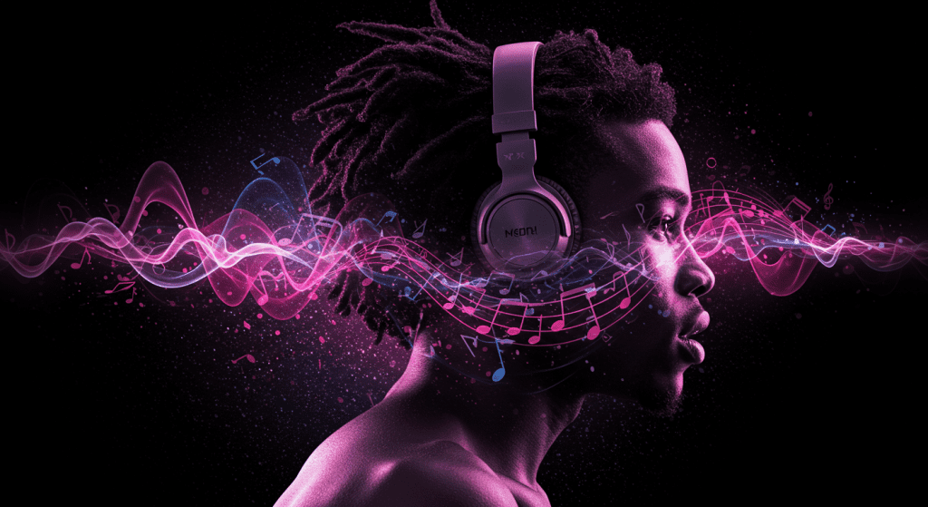 An artistic representation of a black person wearing headphones, surrounded by musical notes and sensual energy waves, symbolizing the connection between music and sexual arousal.