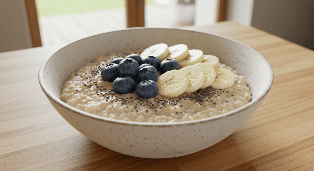 A bowl of oatmeal topped with banana slices, chia seeds, and berries—highlighting oats as a libido-boosting, testosterone-friendly breakfast option.