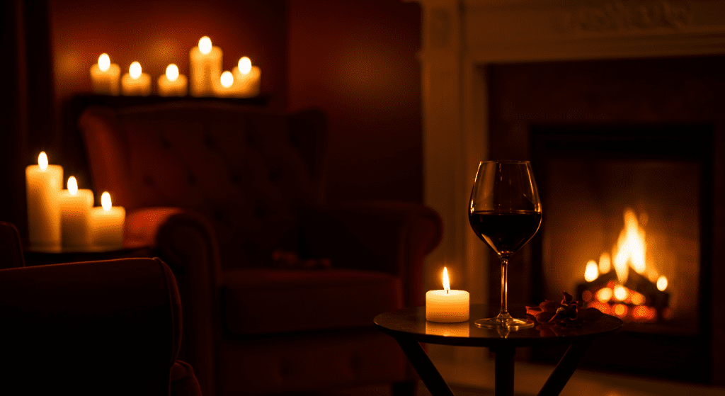 A dimly lit room with soft lighting, candles, and romantic music playing, creating a sensual and inviting atmosphere.