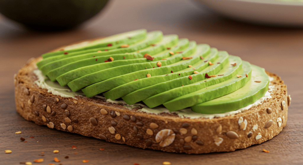 Sliced avocado on whole-grain toast, garnished with chili flakes—showcasing avocado as a natural aphrodisiac and libido-enhancing breakfast food.