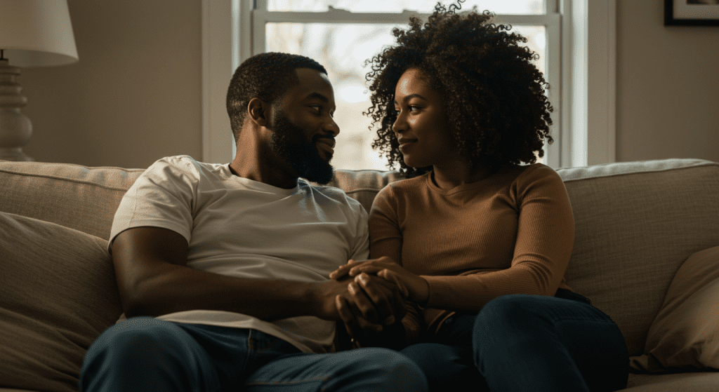 A couple cuddling on a couch, holding hands and sharing a quiet, affectionate moment without engaging in sexual activity.
