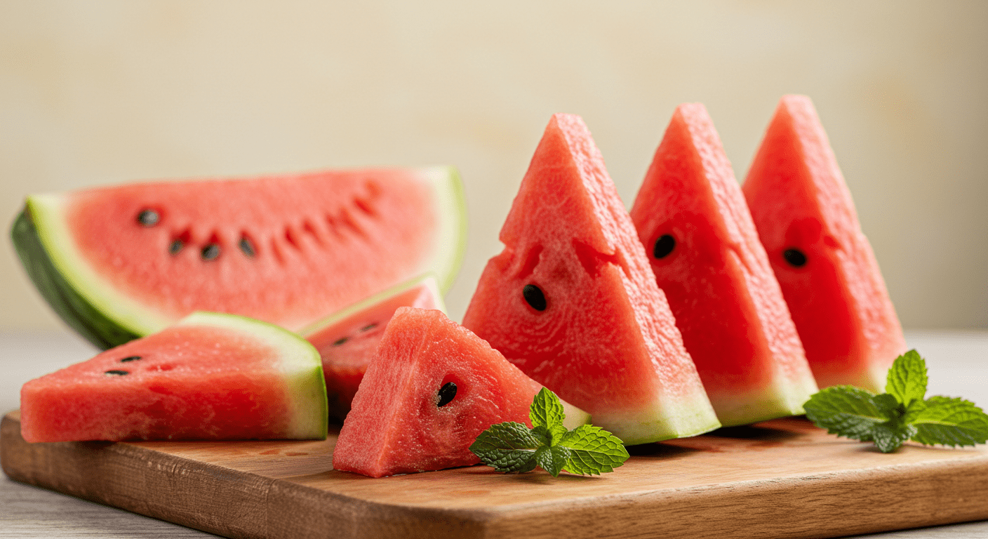 Slices of fresh watermelon on a breakfast table.
