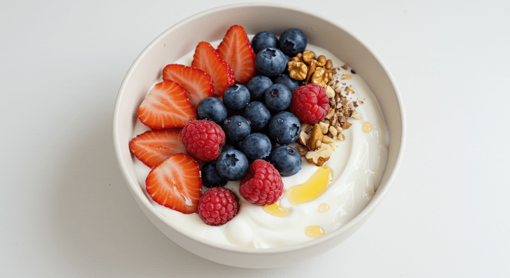 A bowl of Greek yogurt topped with nuts, honey, and fresh berries—emphasizing its protein and probiotic benefits for boosting male libido and hormone health.