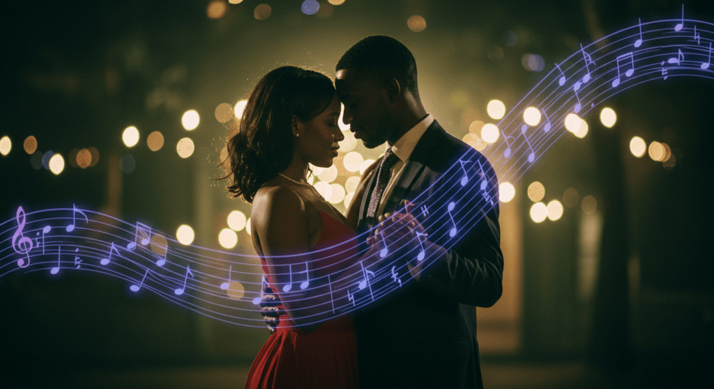 A black couple slow dancing under soft lights, surrounded by flowing musical notes that represent a gentle rhythm and slow tempo enhancing the romantic mood.