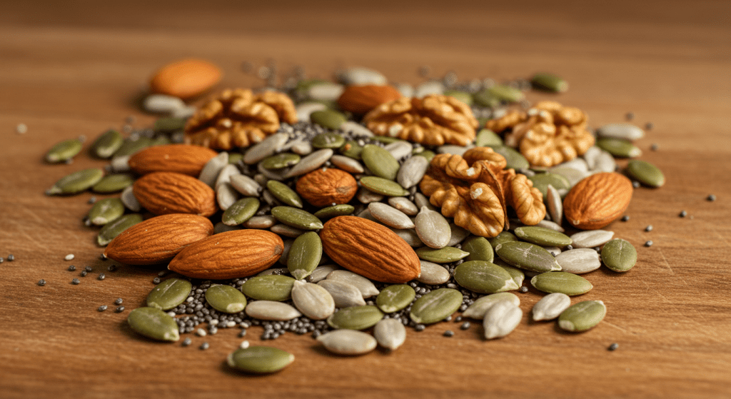 A mix of almonds, walnuts, pumpkin seeds, and chia seeds on a wooden surface—showcasing testosterone-boosting foods that support male sexual health.