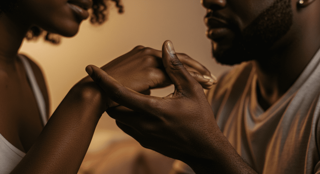Close-up of a black couple gently caressing each other’s arms and shoulders, highlighting the tenderness and sensitivity of light touch foreplay in an intimate setting.