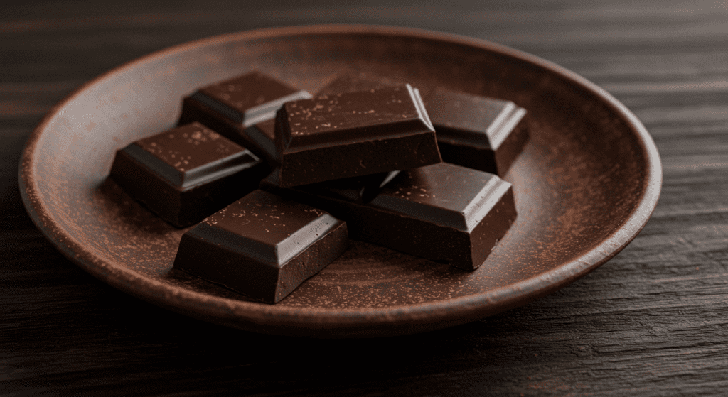 A few squares of dark chocolate on a rustic plate, highlighting its benefits as a libido-boosting superfood that enhances mood and blood flow.