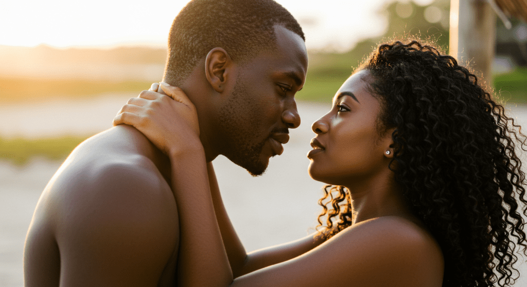 A passionate couple engaged in deeper physical intimacy, with intense eye contact and close body contact, symbolizing the progression of foreplay.