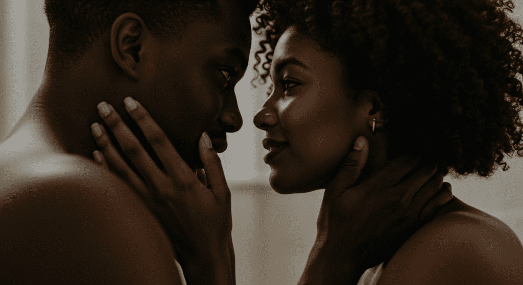 A couple sharing a tender and close moment, gently touching and looking into each other’s eyes, conveying deep emotional and physical connection during intimate foreplay.