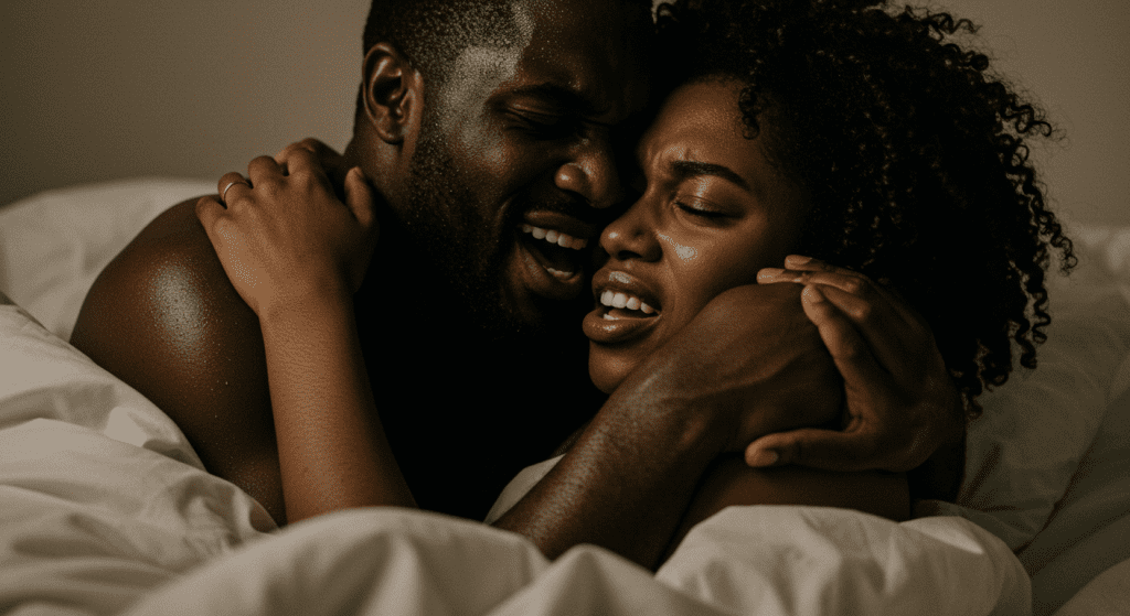 A couple expressing intense emotional and physical release, with eyes closed and faces showing pleasure, symbolizing the peak of sexual climax.