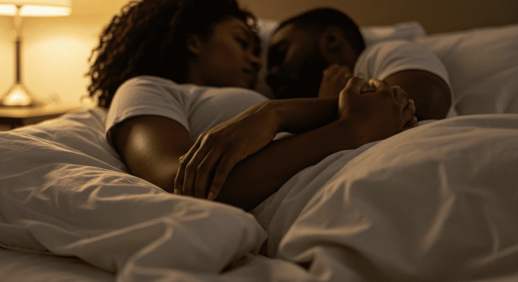 A couple lying close together, gently holding and caressing each other, sharing a calm and tender moment after intimacy.