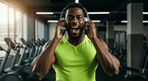 "A confident black man holding headphones, discovering the secret stamina-boosting playlist