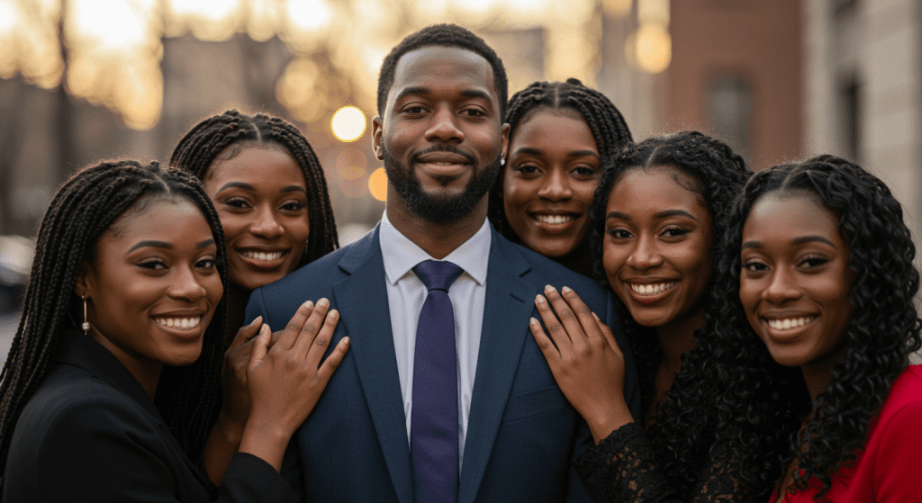 Un jeune homme noir riche entouré de quatre femmes noires, tous souriants et complices