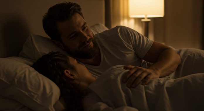 Confident man smiling with pride and fulfillment after satisfying his partner in bed, symbolizing improved sexual performance and restored bedroom confidence.
