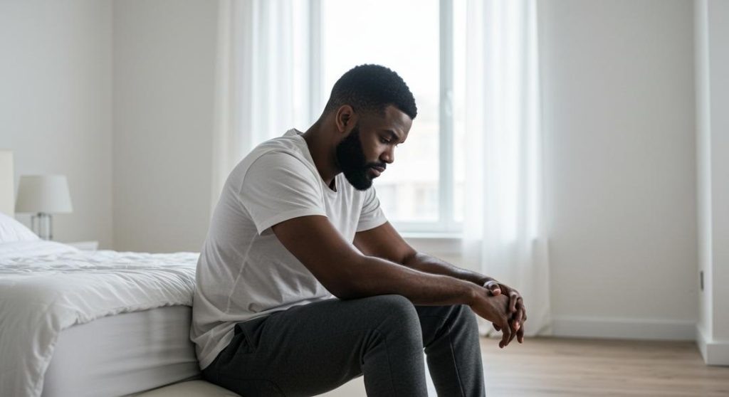 A SAD BLACK MEN SITTING AT THE EDGE OF THE BED IN A BRIGHT ROOM