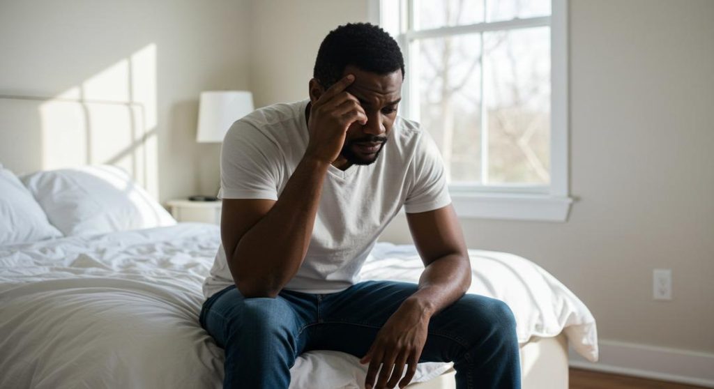 UN HOMME NOIR ASSIS SUR UN LIT, SEMBLANT RÉFLÉCHI TANDIS QU'IL RÉFLÉCHIT AUX MASTURBATIONS VS À L'ABSTINENCE
