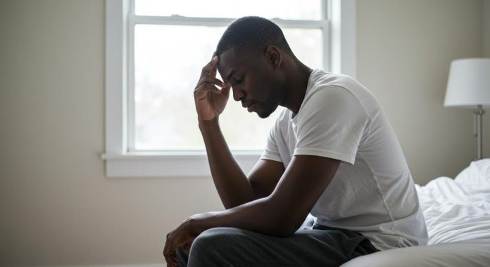 UN HOMME NOIR ASSIS SUR UN LIT, SEMBLANT RÉFLÉCHI EN RÉFLÉCHISSANT AUX MASTURBATIONS VS ABSTINENCE
