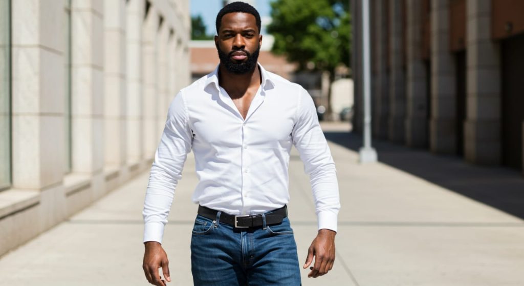 A black masculine man walking confidently
