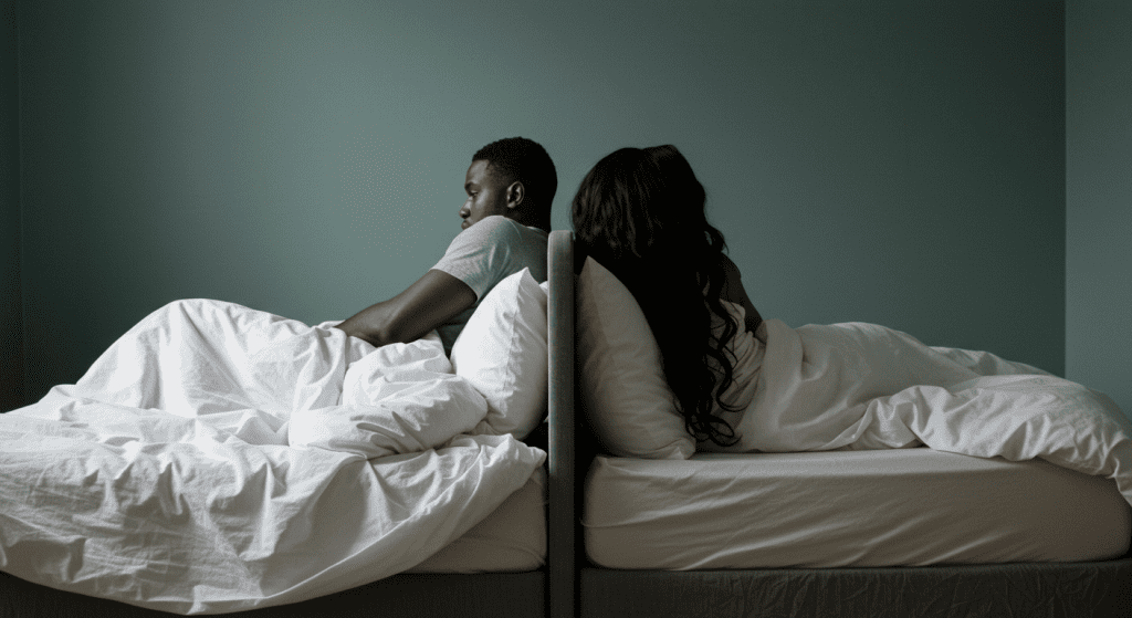 black Couple turned away from each other in bed