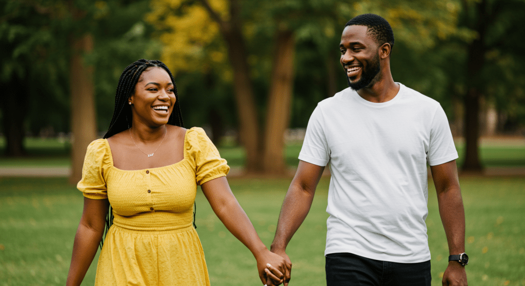 Happy Black female and male couple walking outdoors, smiling and holding hands - Low Libido? What Your Sex Drive Says About Your Health