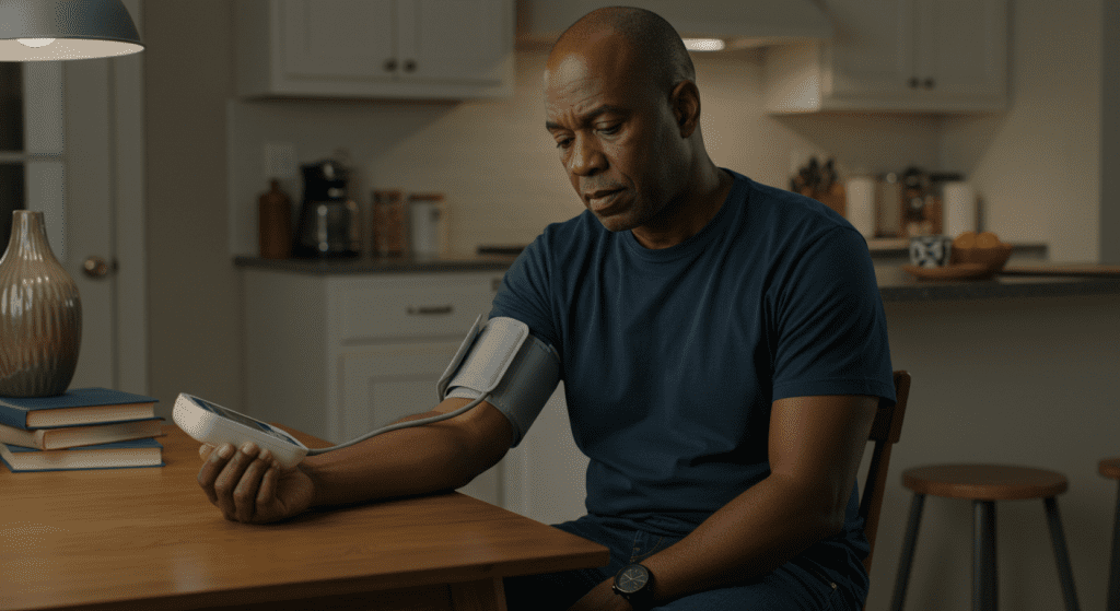 Middle-aged black man looking concerned while checking his blood pressure at home. - Sex After 40 with High Blood Pressure