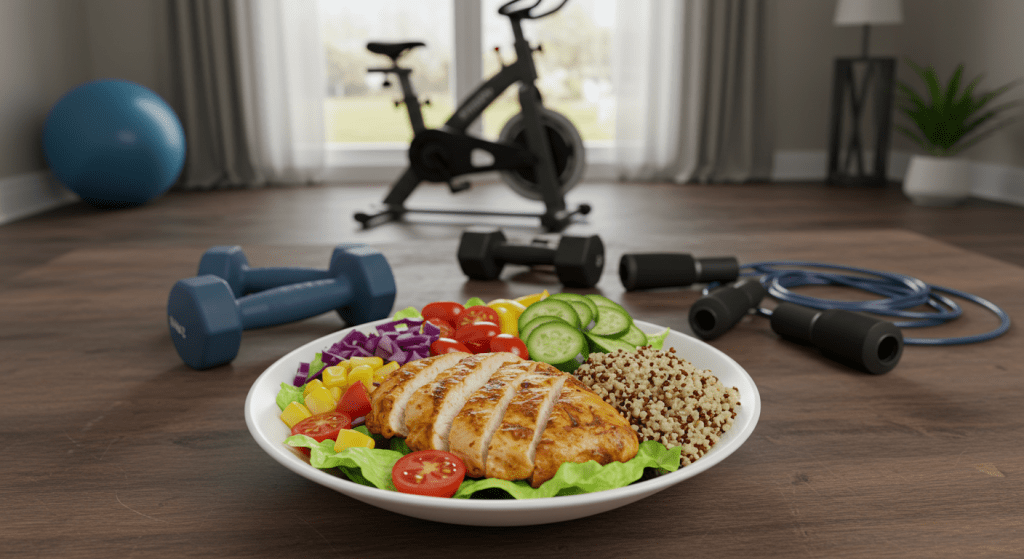 Healthy meal and exercise equipment representing lifestyle changes for better sexual health and blood pressure control. - Sex After 40 with High Blood Pressure