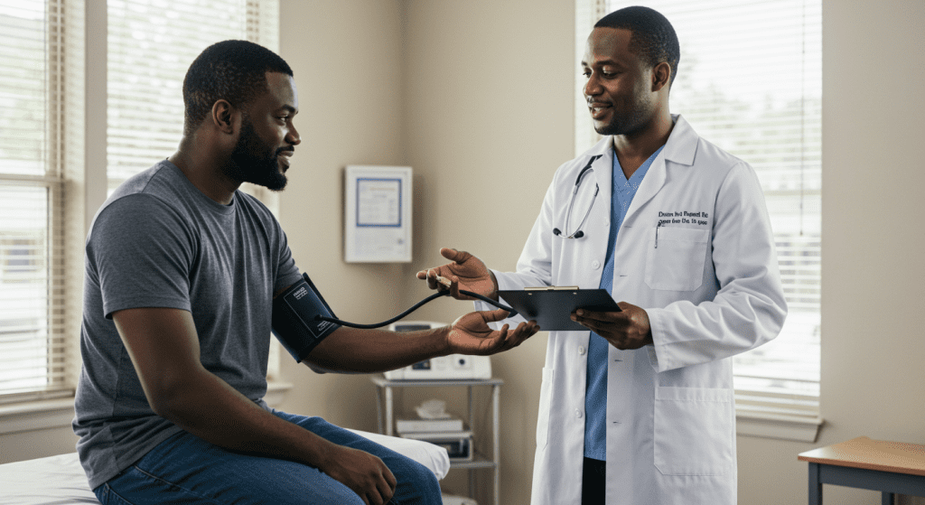 black Male patient consulting a black doctor about blood pressure and sexual health concerns. - Sex After 40 with High Blood Pressure