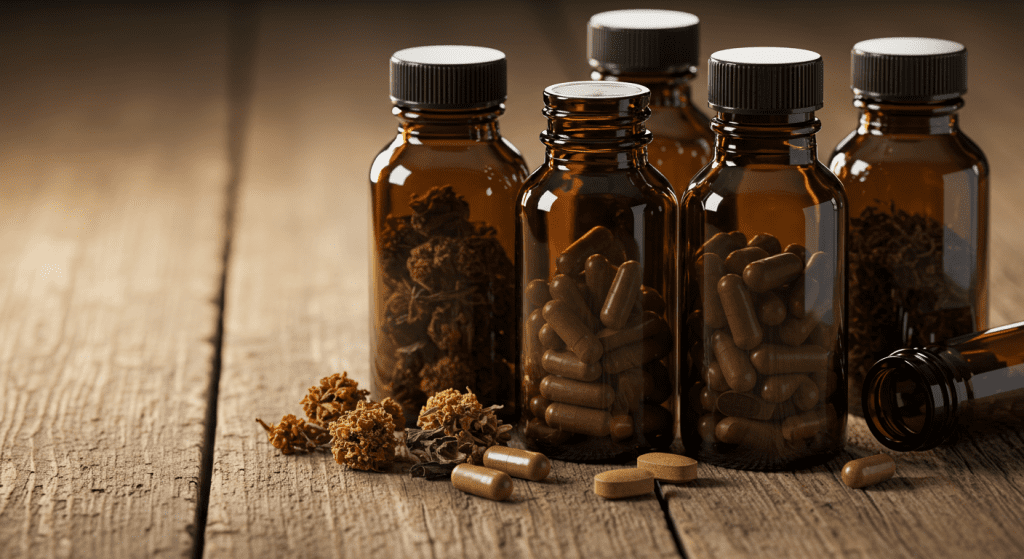 Bottles of unlablled natural male enhancement supplements with herbs and pills on a wooden table. - Sex After 40 with High Blood Pressure