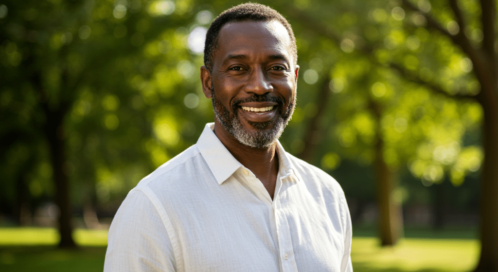 Confident middle-aged black man smiling outdoors, symbolizing renewed vitality and sexual health. - Sex after 40