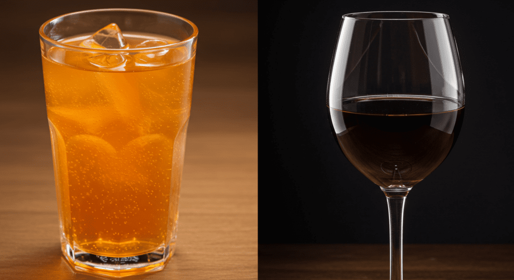 Split image showing a soft drink and an alcoholic drink side by side - The Real Stamina Killer: Soft Drinks vs Alcohol – Which Does More Harm?