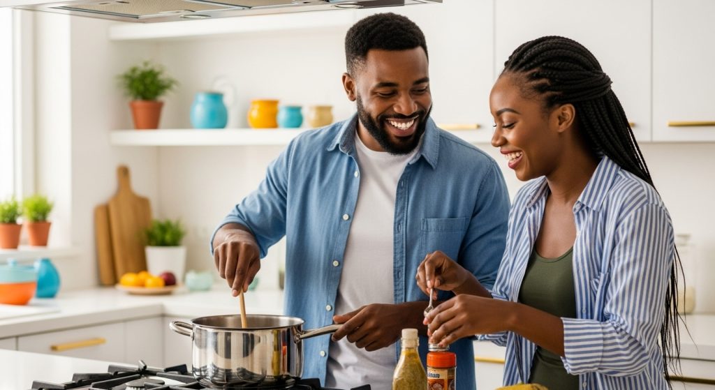 Happy African couple cooking together, sharing a lighthearted moment in the kitchen