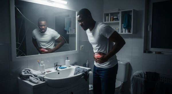 hirtless African man standing in a dimly lit, steamy bathroom at night, clutching his lower abdomen with one hand and gripping the sink with the other. The mirror is fogged and cracked slightly at the corner. Behind him, the bathroom is messy — towels on the floor, an open medicine cabinet spilling pills, a damp boxer short tossed over the laundry basket. His reflection looks exhausted, confused, and afraid — a man battling prostate pain and fading sexual power in silence.