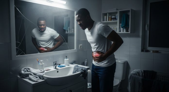 hirtless African man standing in a dimly lit, steamy bathroom at night, clutching his lower abdomen with one hand and gripping the sink with the other. The mirror is fogged and cracked slightly at the corner. Behind him, the bathroom is messy — towels on the floor, an open medicine cabinet spilling pills, a damp boxer short tossed over the laundry basket. His reflection looks exhausted, confused, and afraid — a man battling prostate pain and fading sexual power in silence.