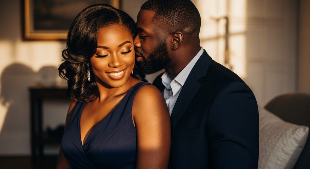Romantic African man whispering in woman’s ear, building anticipation and intimacy