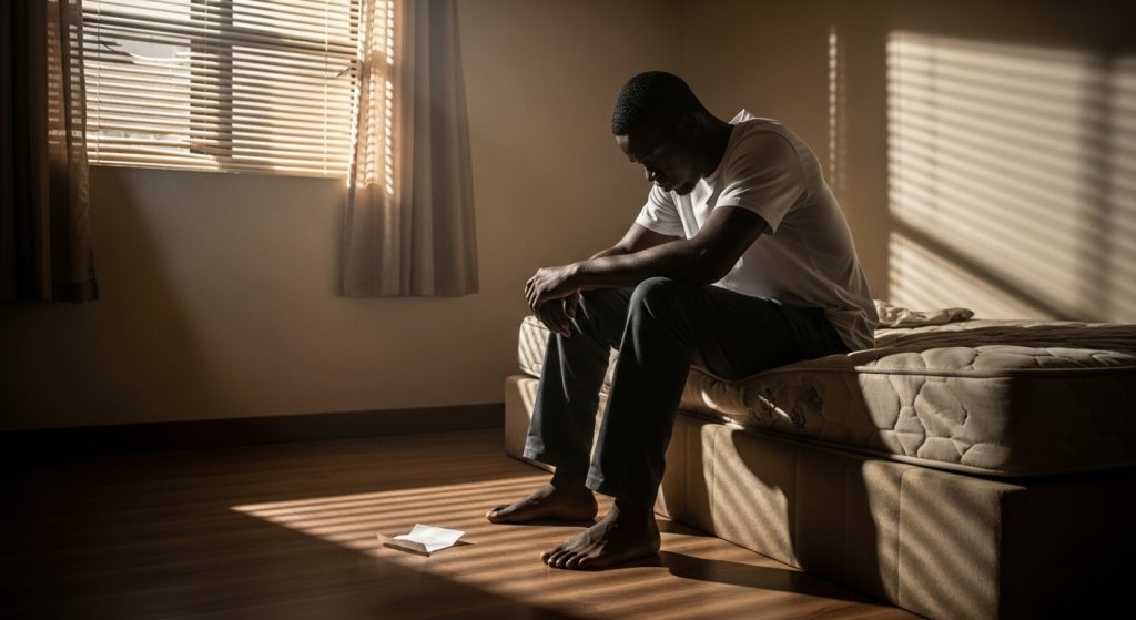 A tired African man sits alone on the edge of a worn mattress in a sparsely furnished Lagos room, soft rays of morning light slipping gently through cracked window blinds and falling across his slouched shoulders. His head is buried in his hands, the weight of silence heavy around him. A half-torn suicide note lies forgotten on the floor beside his bare feet, fluttering slightly in the breeze, as if the light is trying to remind him that life isn’t finished yet.