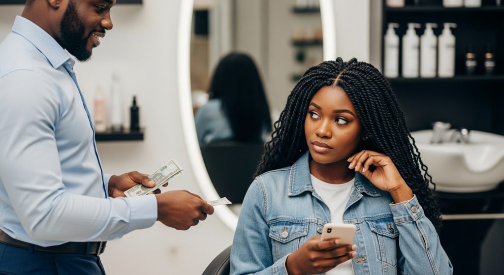 A well-dressed man in a crisp shirt handing money to a stylish woman at a salon, while she looks disinterested and distracted, secretly glancing at her phone behind his back.
