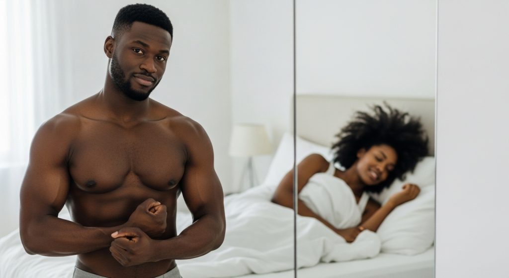 A man standing shirtless before a mirror, flexing slightly, confident smirk on his face. Behind him, a woman sleeps smiling with messy hair, tangled in the sheets.