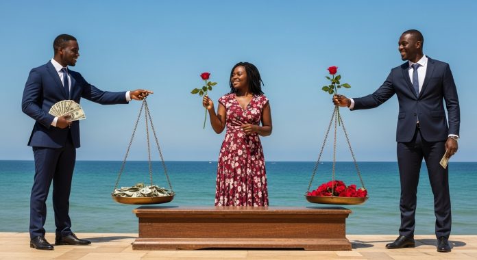 Two men standing on opposite ends of a balancing scale — one holding money, the other holding a rose and massage oil — while a smiling woman stands in the middle choosing both.