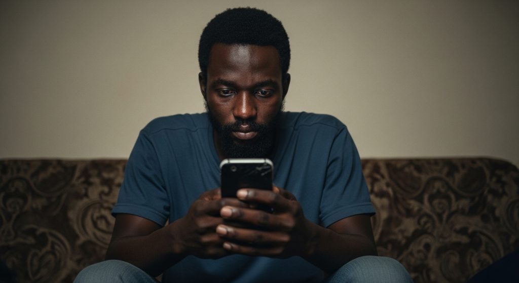 A frail, bearded African man with hollow cheeks and sunken eyes sits hunched on a threadbare couch in a dusty Lagos apartment. His calloused fingers tremble as he scrolls slowly through the cracked screen of his old, faded smartphone. Just as the screen flickers in the dim light, his eyes widen and a faint spark returns to his face — he's staring at an ad for Libido Africa’s Stallion Manpower and Mogu Vigor Oil, the words “Take Back Your Strength” glowing like a beacon of hop