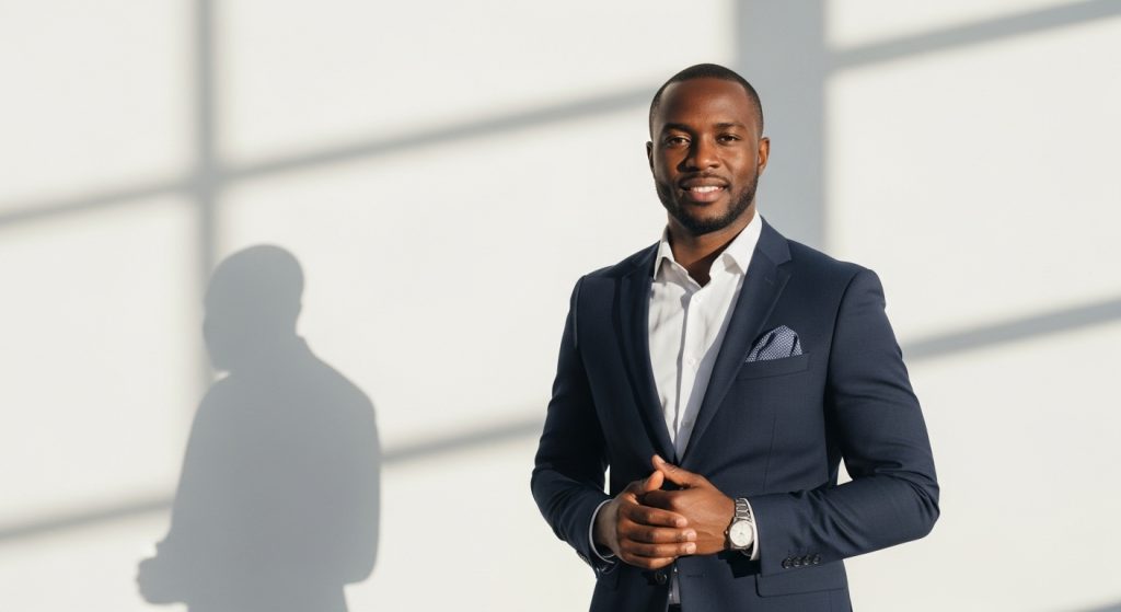 A dignified African man stands confidently in the daylight, dressed sharply and smiling with quiet pride. Behind him, a faint, ominous shadow stretches across the scene—symbolizing the silent threat he never saw coming. The contrast between strength and unseen vulnerability captures the tragic irony of his final night.