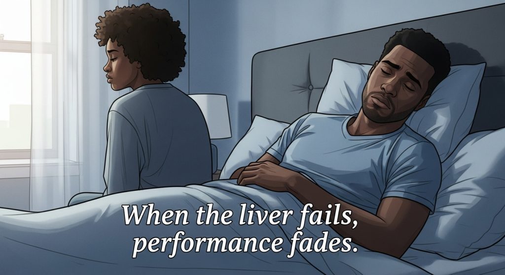 Illustration of a tired African man lying in bed while his partner turns away, showing disconnect and emotional frustration — caption: “When the liver fails, performance fades.