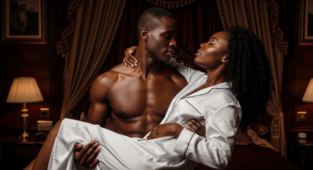 A confident, shirtless African man holding a woman from behind in a dimly lit bedroom; her face glows with pleasure and satisfaction, eyes closed, lips parted in bliss.