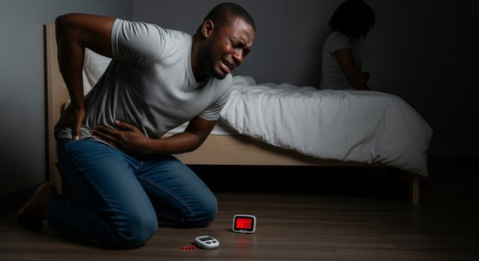 A distressed African man collapses to his knees in a dark bedroom, gripping his groin with one hand and his lower back with the other, his face twisted in pain and disbelief. His mouth is open mid-cry—raw, helpless, devastated. Sweat pours down his body as red warning lights from a glucose monitor blink beside him on the floor. The bed behind him is untouched, the sheets cold, with a disappointed partner sitting at the edge, her back turned and arms folded. The walls seem to close in around him, casting long, ominous shadows that mirror his crumbling health, fading sexual power, and rising fear that diabetes is destroying him from the inside out.