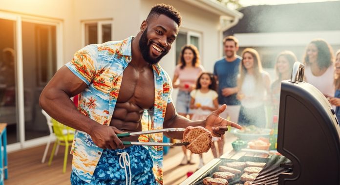 Fit African man flexing at a BBQ showcasing how pork meat boosts stamina and sexual performance