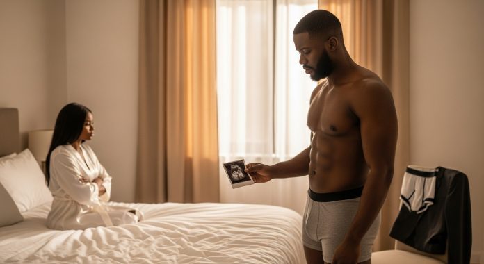 A well-built Black man stands shirtless in a softly lit bedroom with warm, golden morning light streaming through half-open curtains. His body looks powerful, but his face is heavy with frustration and silent defeat. He stares at a small framed ultrasound image lying face-down in his hand—symbolizing failed expectations. In the background, a Black woman sits at the edge of the bed in a satin robe, her face turned away in disappointment, arms crossed, distant. The bed is neatly made, untouched, creating an eerie sense of disconnection. A pair of boxer briefs and dress trousers are draped over a nearby chair, hinting at the heat and pressure on his masculinity. The overall mood: he looks like a man—but he feels like he’s failing inside.