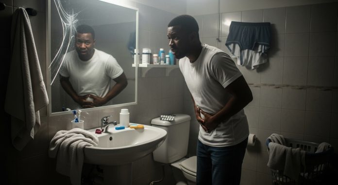 hirtless African man standing in a dimly lit, steamy bathroom at night, clutching his lower abdomen with one hand and gripping the sink with the other. The mirror is fogged and cracked slightly at the corner. Behind him, the bathroom is messy — towels on the floor, an open medicine cabinet spilling pills, a damp boxer short tossed over the laundry basket. His reflection looks exhausted, confused, and afraid — a man battling prostate pain and fading sexual power in silence.