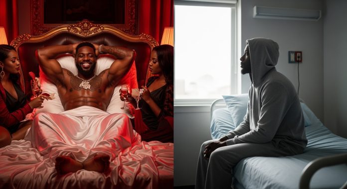 Split-screen image illustrating a powerful transformation. On the left side, a confident, muscular man lounges shirtless on a luxurious bed with satin sheets, smirking as he’s surrounded by adoring women, vibrant red lighting and gold accents emphasizing his dominance and charisma — the epitome of a “Bedroom King.” On the right side, the same man sits alone on a hospital bed, thinner now, wearing a hoodie and staring pensively out a window as bright morning light floods the sterile white room. The background is lively and emotionally charged — rich reds, warm golds, and cool whites telling a silent but powerful story of pride, fall, and quiet survival.