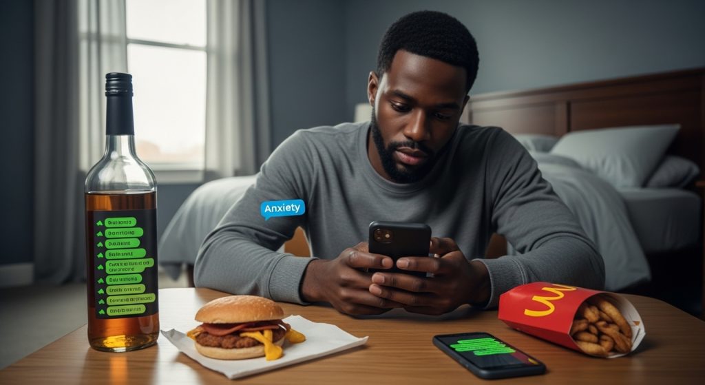 A man staring at a bottle of alcohol, fast food, and his phone lit with anxiety texts. His face is tired, and the bedroom behind him looks cold and unused.